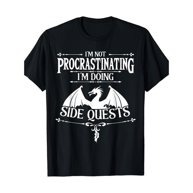 RPG Gamers' Humorous 220g T-Shirt - Men's Gaming Graphic Tee with Funny Slogan "I'm Not Procrastinating I'm Doing Side...