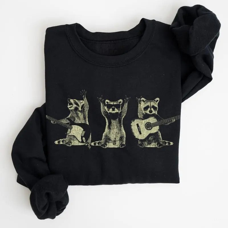 Raccoon Band Playing Guitar Funny Animals Crew Neck Soft Casual T-Shirts, Hoodie, Sweatshirt