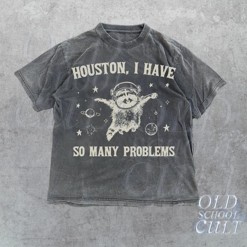 Raccoon In Space Retro 90s Graphic T-Shirt, Funny Galaxy Graphic T-shirt, Problems Gag Moon 90s Shirt, Vintage Animal Gag...