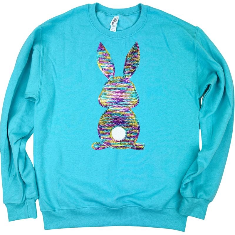 Rainbow Bunny Sequin Patch Sweatshirt -- SCUBA BLUE T-Shirts, Hoodie | HypeDripTees.com