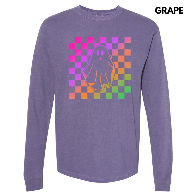 Rainbow Checkered Ghost Long Sleeve Comfort Colors T-Shirt 'NLB' Hoodie, Sweatshirt | HypeDripTees.com