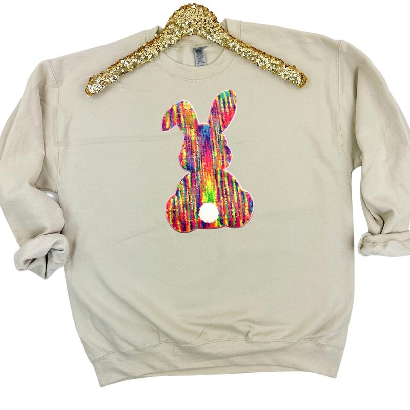 Rainbow Chenille Bunny Patch Sweatshirt -- SAND T-Shirts, Hoodie | HypeDripTees.com