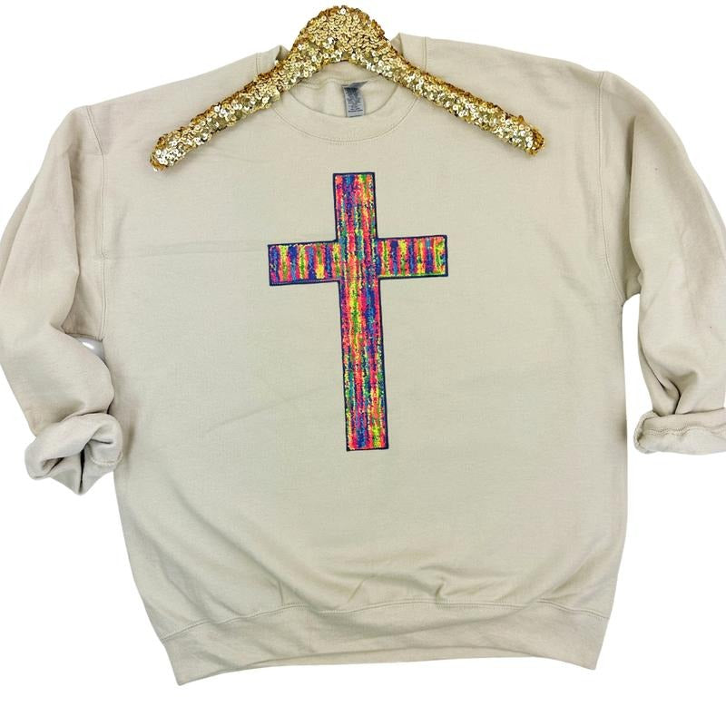 Rainbow Chenille Cross Patch Sweatshirt -- SAND T-Shirts, Hoodie | HypeDripTees.com