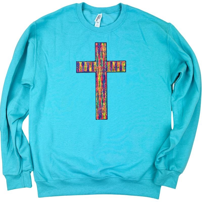 Rainbow Chenille Cross Patch Sweatshirt -- SCUBA BLUE T-Shirts, Hoodie | HypeDripTees.com