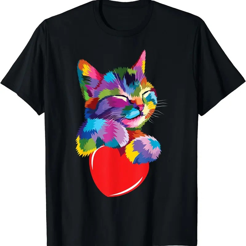 Rainbow Cute Cat Hugging Heart T-Shirt | Unisex Cotton Tee Gift | Full Size Hoodie, Sweatshirt | HypeDripTees.com