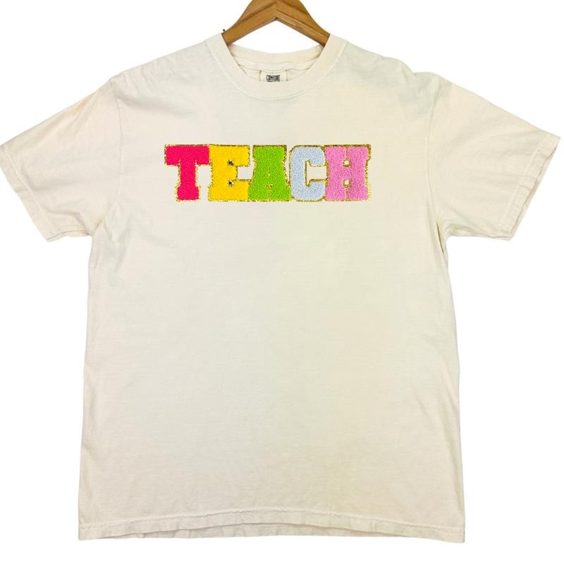 Rainbow TEACH Chenille Patch Comfort Colors T-Shirt Hoodie, Sweatshirt | HypeDripTees.com
