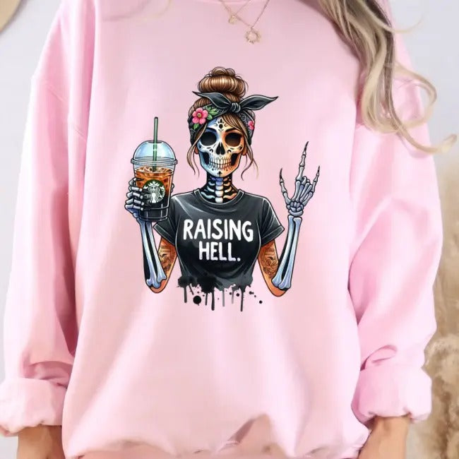 Raising H3ll Coffee Skeleton Graphic Sweatshirt T-Shirts, Hoodie | HypeDripTees.com