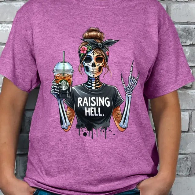 Raising H3ll Coffee Skeleton Graphic T-shirt Casual Crewneck Hoodie, Sweatshirt | HypeDripTees.com