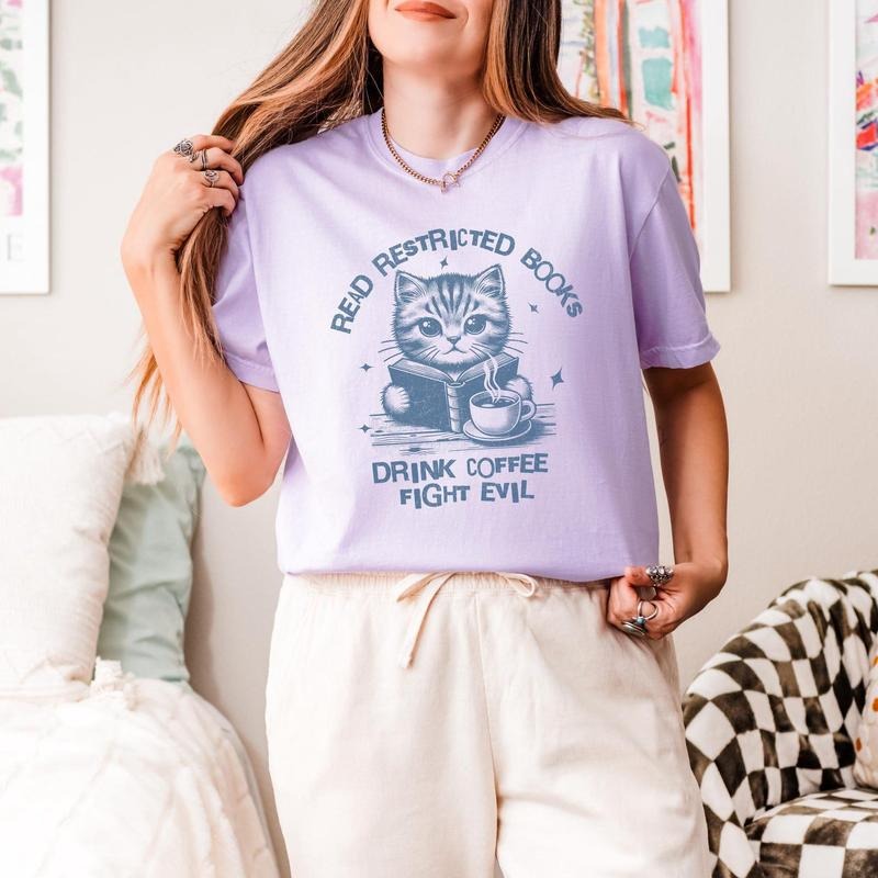 Read Restricted Books, Drink Coffee, Fight Evil, Comfort Colors T-shirt, Funny Cat Lovers Gift, Retro Vintage Shirt...