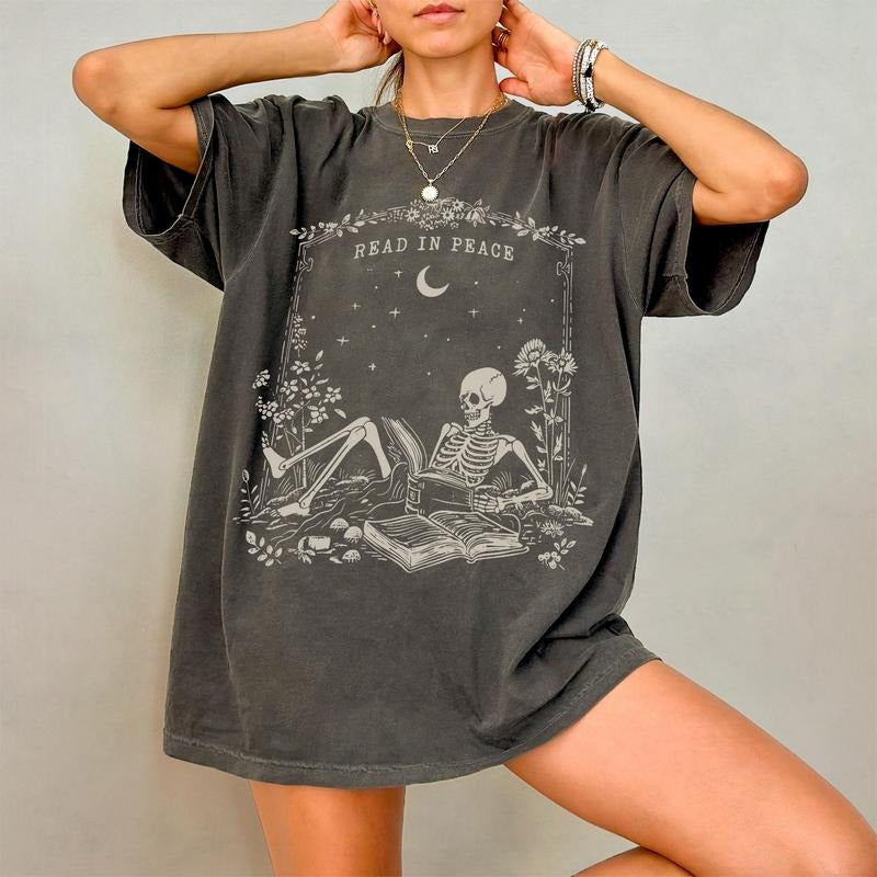 Read in Peace Comfort Colors Shirt, Bookish Halloween Shirt, Skeleton Book Tee, Skeleton Reading T-shirt, Book Lover...