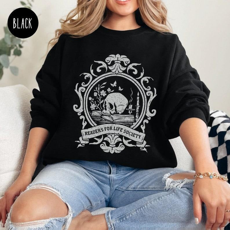 Readers for Life Society Sweatshirt for Book Lover Skeleton Book Crewneck for Romance Reader Spooky Bookish Sweater for...