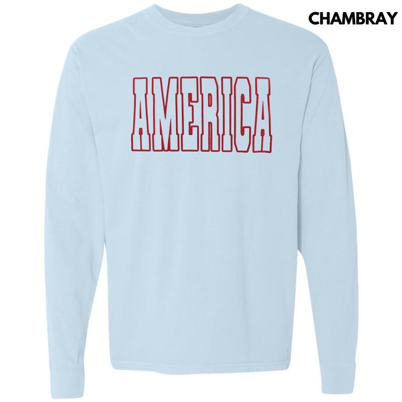 Red America Puff Long Sleeve Comfort Colors T-Shirt Hoodie, Sweatshirt | HypeDripTees.com