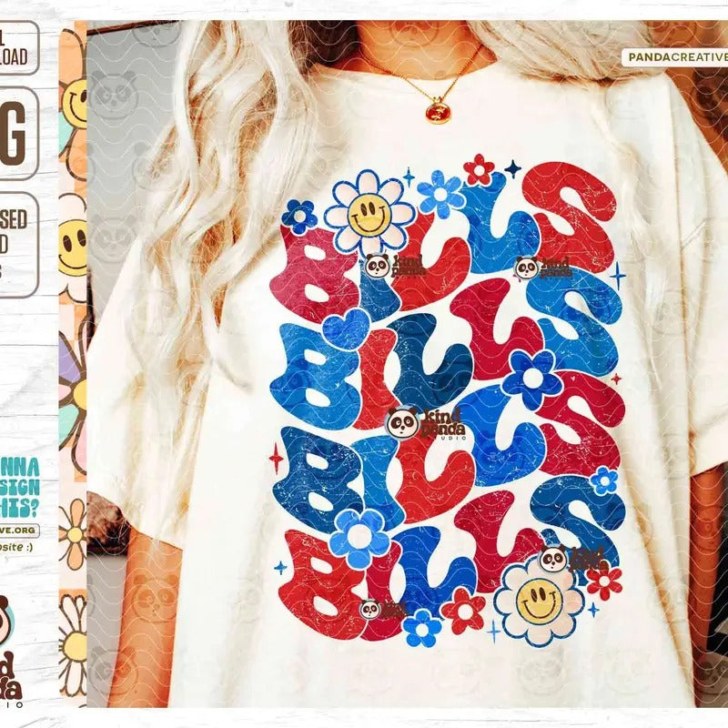 Red Blue Bills Png Floral Mascot Sublimation Groovy Bills Cheer Girls Sweatshirt Png Game Day Shirt Dtf Transfer College...
