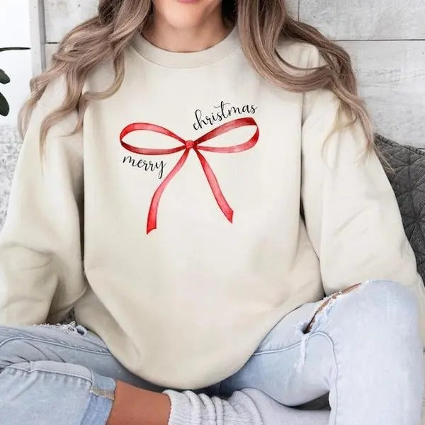 Red Bow Coquette Christmas Sweater, Merry Christmas Bow Sweatshirt, Holiday Bow Sweater, Unisex Shirt, Gift For Her, Gift...