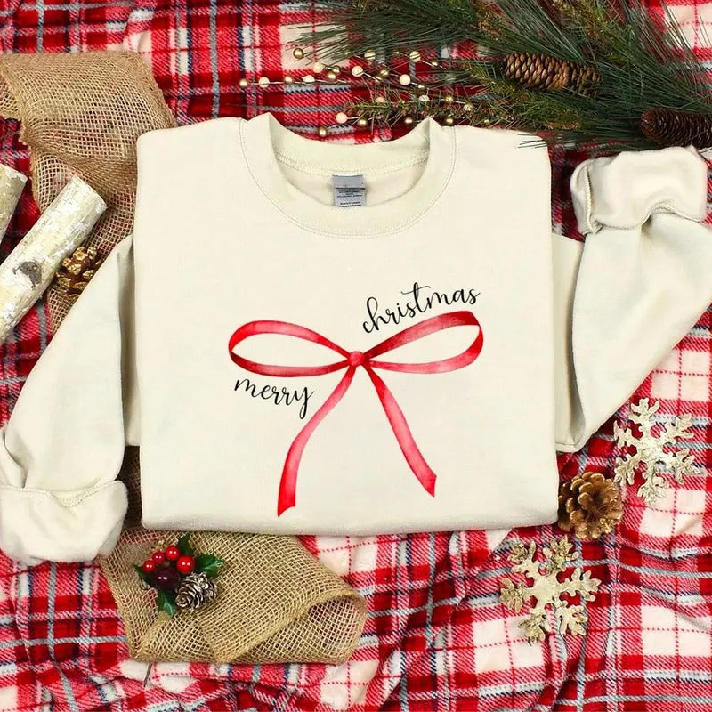 Red Bow Coquette Christmas Sweatshirt, Merry Christmas Bow Shirt, Merry Christmas Coquette Sweater for Holidays, Holiday...
