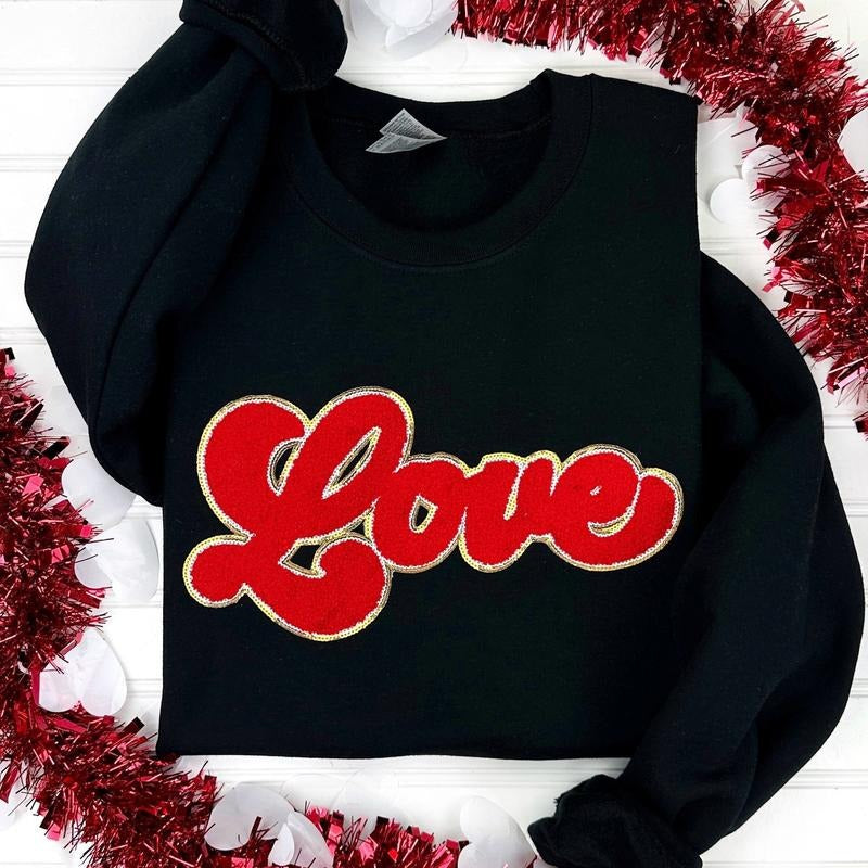 Red Chenille Love Patch Sweatshirt T-Shirts, Hoodie | HypeDripTees.com