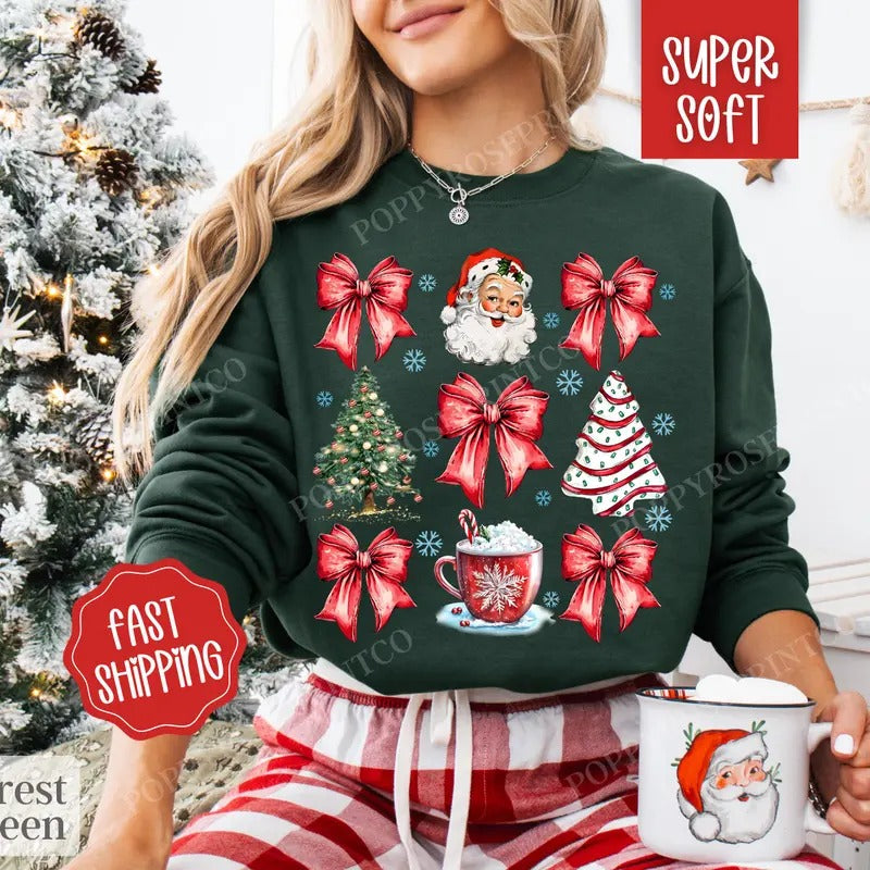 Red Coquette Christmas Sweatshirt, Merry Christmas Sweater, Women's Holiday Crewneck T-Shirts, Hoodie | HypeDripTees.com