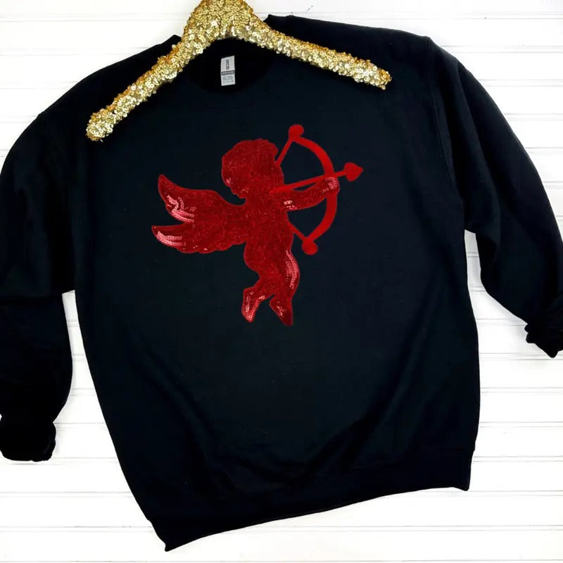 Red Cupid Sequin Patch Sweatshirt -- BLACK T-Shirts, Hoodie | HypeDripTees.com