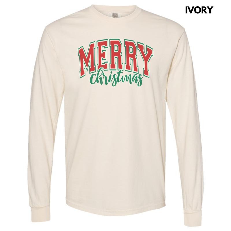 Red Cursive Varsity Merry Christmas Long Sleeve Comfort Colors T-Shirt 'NLB' Hoodie, Sweatshirt | HypeDripTees.com