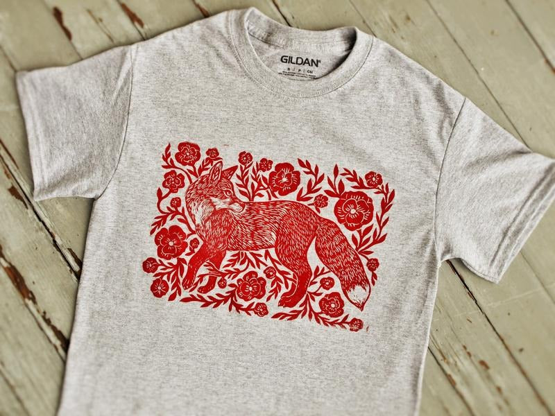 Red Foxflower Block-printed Gray T Shirt Hoodie Sweater - Linocut Print - Folksy Apparel - Bohemian - Woodland - Folk Art