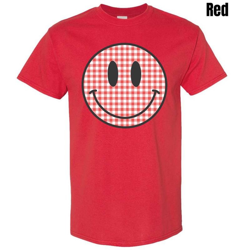 Red Gingham Happy Face Gildan Short Sleeve T-Shirt 'NLB' Hoodie, Sweatshirt | HypeDripTees.com