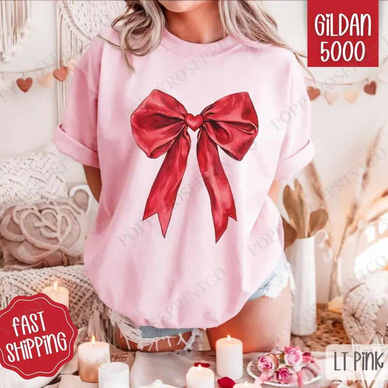 Red Heart Bow Shirt Gildan, Valentine's Day Women's Tee, Cute Women's Tshirt Plus Sizes Hoodie, Sweatshirt | HypeDripTees.com
