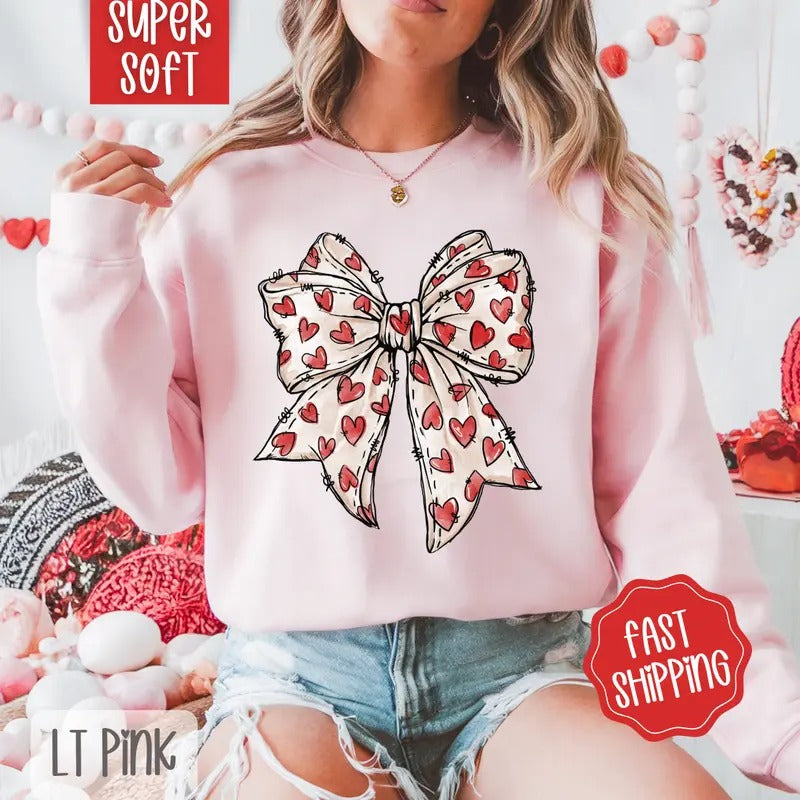 Red Heart Bow Sweatshirt, Coquette Valentine's Day Crewneck, Holiday Women's Sweater T-Shirts, Hoodie | HypeDripTees.com