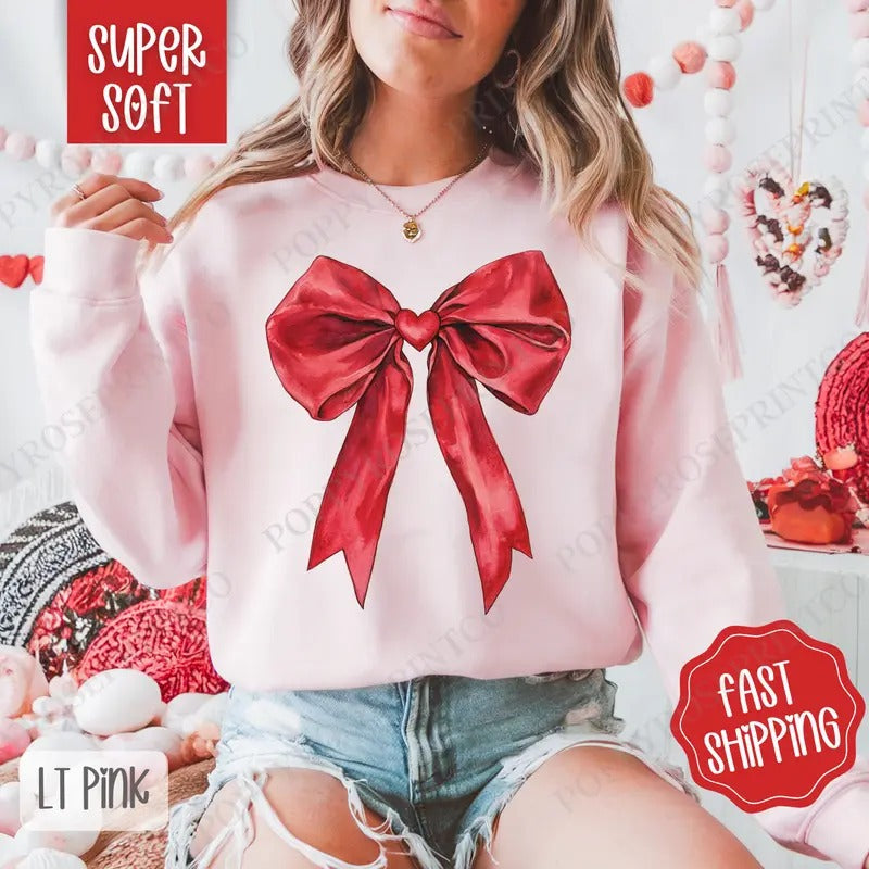 Red Heart Bow Sweatshirt, Valentine's Day Crewneck, Cute Women's Sweater T-Shirts, Hoodie | HypeDripTees.com