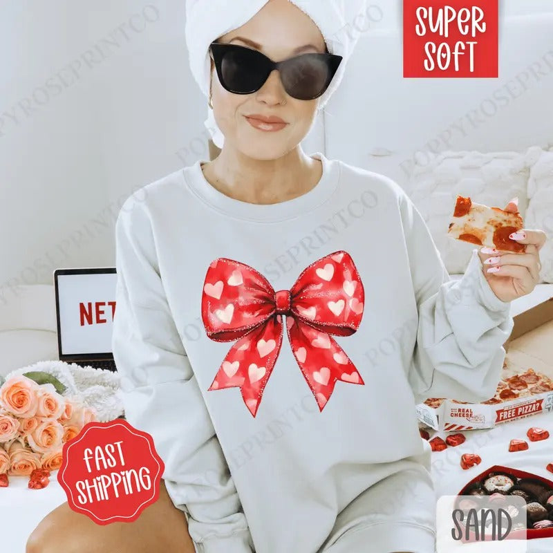 Red Heart Bow Sweatshirt, Valentine's Day Crewneck, Holiday Women's Sweater T-Shirts, Hoodie | HypeDripTees.com