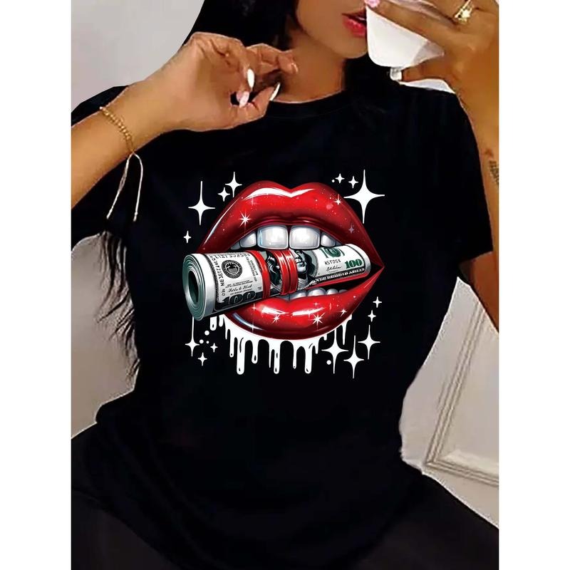 Red Lips & Dollar Print T-shirt, Casual Short Sleeve Crew Neck Top Stylish All Season Women's Clothing Hoodie, Sweatshirt