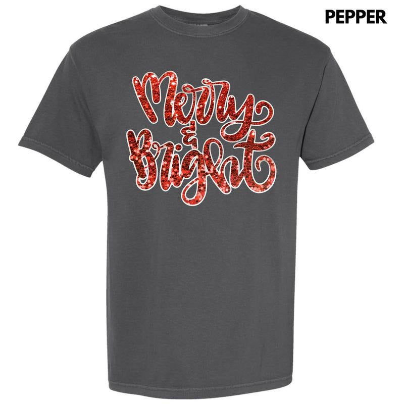 Red Merry & Bright Faux Sequin Comfort Colors T-Shirt Hoodie, Sweatshirt | HypeDripTees.com