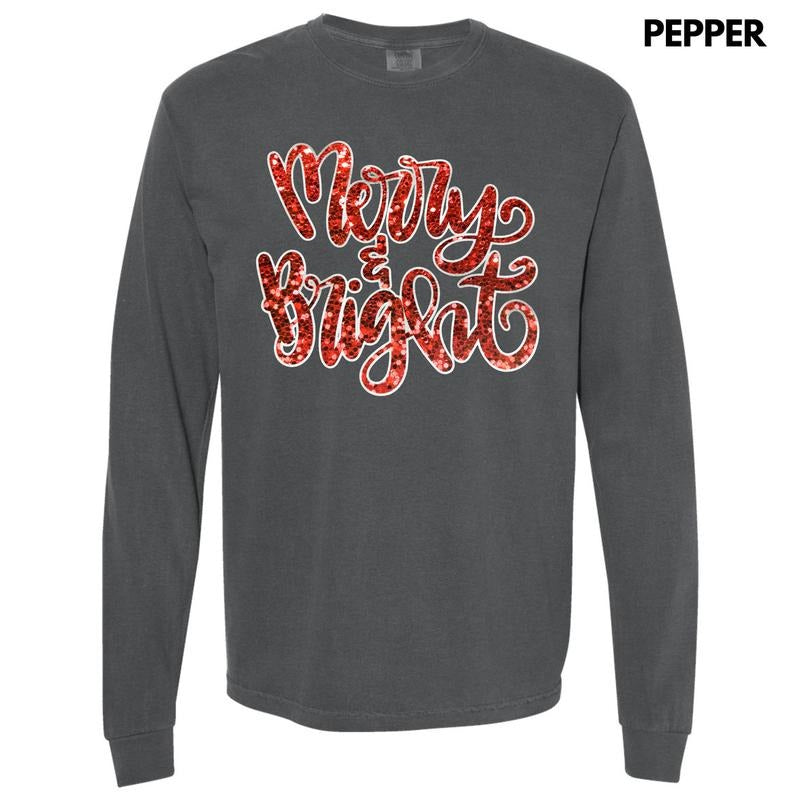 Red Merry & Bright Faux Sequin Long Sleeve Comfort Colors T-Shirt Hoodie, Sweatshirt | HypeDripTees.com