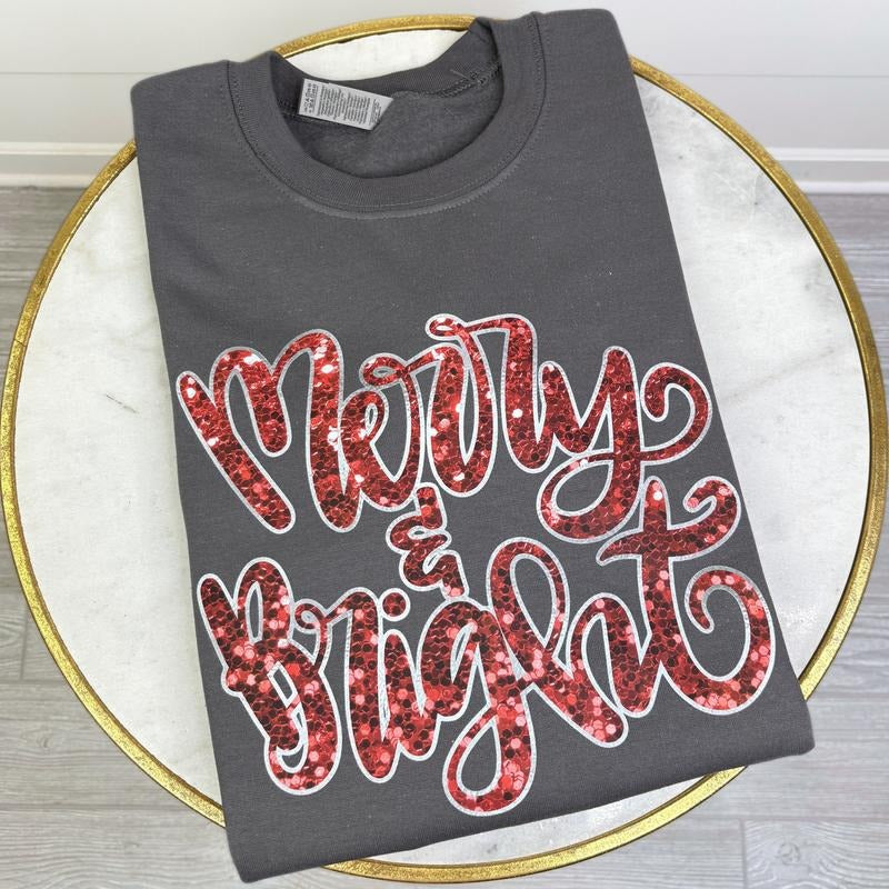 Red Merry & Bright Faux Sequin Sweatshirt T-Shirts, Hoodie | HypeDripTees.com