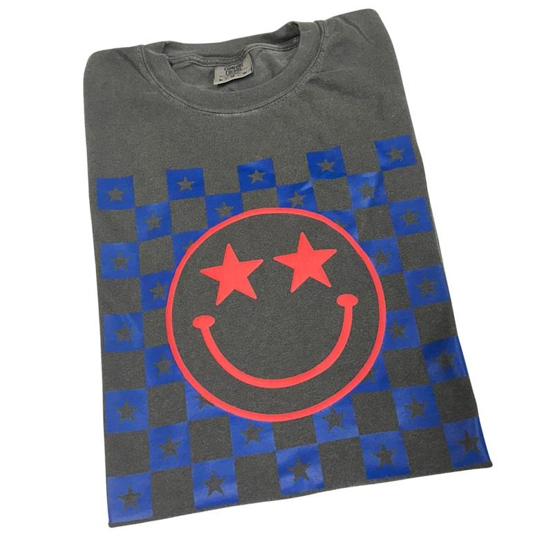 Red Puff Blue Star Happy Face Comfort Colors T-Shirt Hoodie, Sweatshirt | HypeDripTees.com