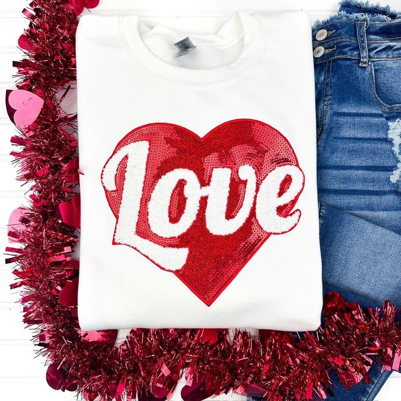 Red Sequin Heart Patch Sweatshirt T-Shirts, Hoodie | HypeDripTees.com