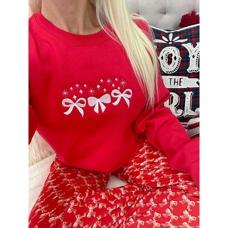 Red Sparkle Embroidered Bow Sweatshirt T-Shirts, Hoodie | HypeDripTees.com