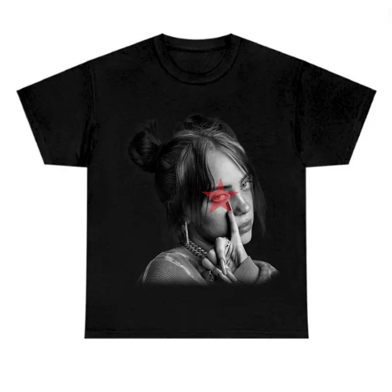 Red Star BW Billieee Eilishhh T-shirt, Graphic Tee Hoodie, Sweatshirt | HypeDripTees.com