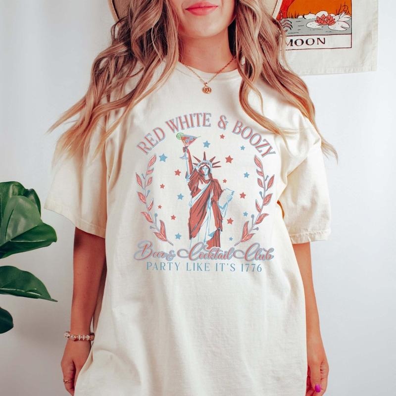 Red White & Boozy Statue Liberty America July Shirt Him Her T-Shirts, Hoodie, Sweatshirt