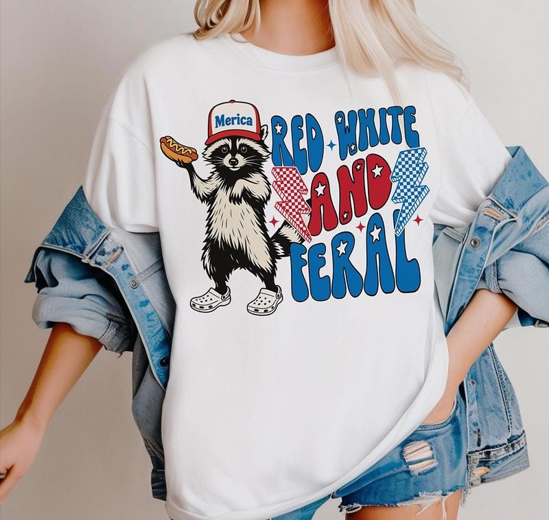 Red White And Feral  Funny Raccoon Shirt 4th Of July T-Shirt Classic 90s Retro Hoodie, Sweatshirt | HypeDripTees.com