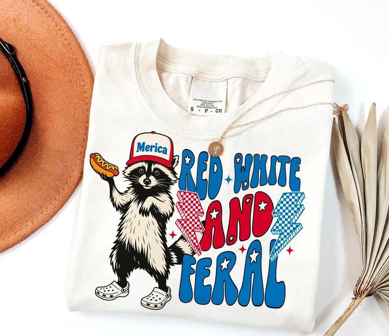 Red White And Feral Shirt, Funny USA Shirt, Funny Raccoon Tee, 4th Of July Tank Top, Feral Shirt, Hotdog Raccoon Shirt,...