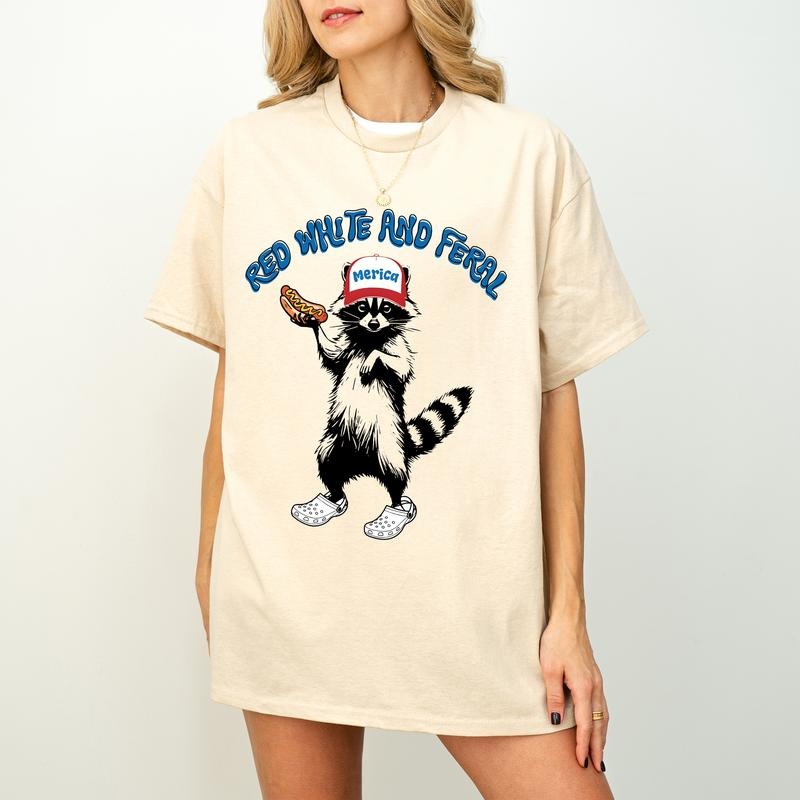 Red White And Feral T-Shirt, Funny USA Shirt, Funny Raccoon Shirt , 4th Of July T-Shirt, Feral T-Shirt, Hotdog Raccoon...