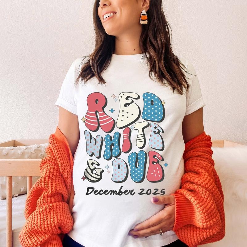 Red White and Due Shirt 4th of July Pregnancy Announcement Matching Couple T-Shirts Gender Reveal Baby Reveal Tee 100%...
