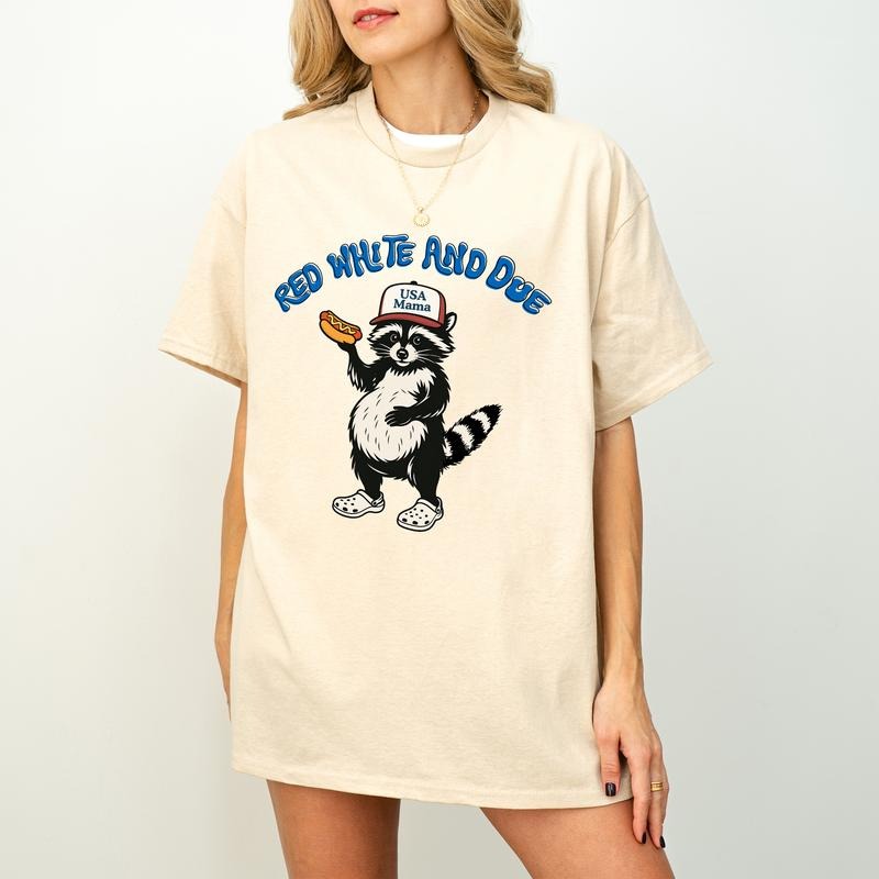 Red White and Due T-Shirt, Funny Pregnant Raccoon 4th of July T-Shirt, Patriotic Animal T-Shirt, Hotdog USA Maternity...