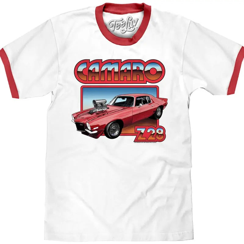 70s Chevrolet Camaro Z28 Ringer T-Shirt - White/Red Hoodie, Sweatshirt | HypeDripTees.com