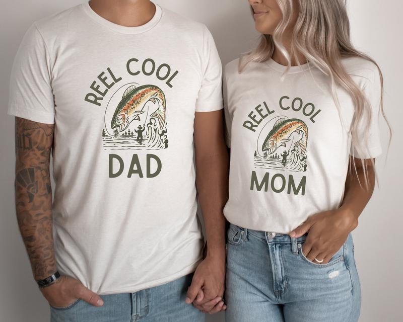 Reel Cool Mom Dad Matching T-shirts New Parents Gift Cute Pregnancy Baby Announcement Idea Fly Fishing Family Rainbow...