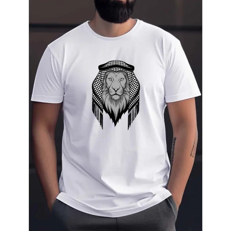 Regal Lion With Keffiyeh Print Men's Short Sleeve T-shirt, Comfy Stretchy Trendy Tees For Summer, Casual Daily Style...