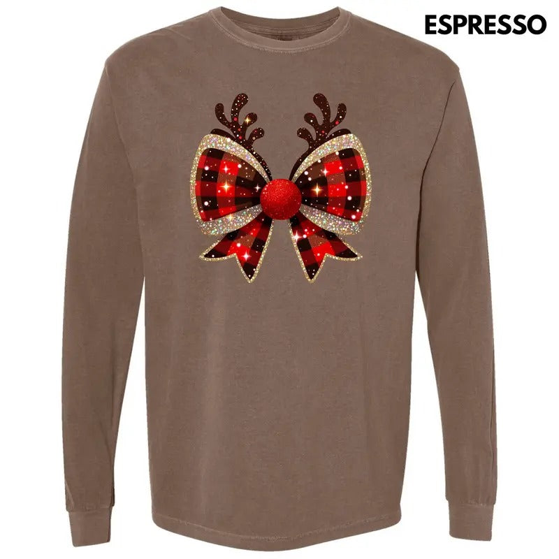 Reindeer FAKE Glitter Plaid Bow Long Sleeve Comfort Colors T-Shirt 'NLB' Hoodie, Sweatshirt | HypeDripTees.com