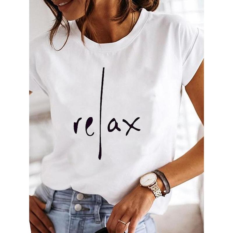 Relax Print Crew Neck T-Shirt, Casual Short Sleeve Top For Spring & Summer, Women's Clothing Hoodie, Sweatshirt