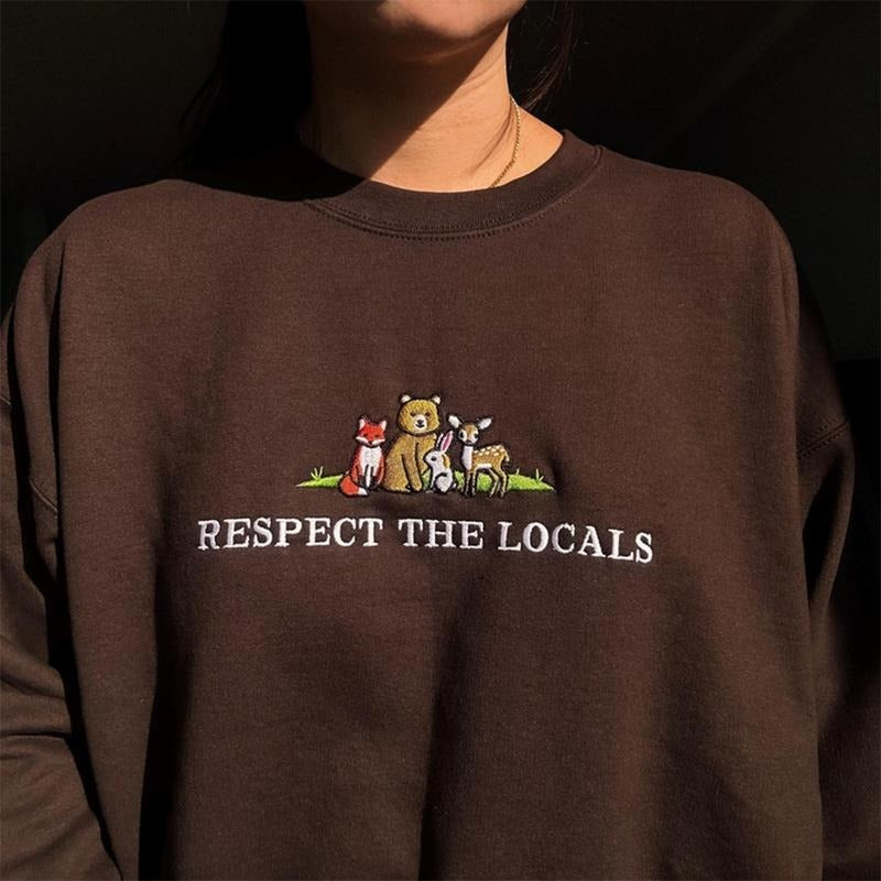 Respect the Locals Embroidered Sweatshirt, Forest Wildlife Sweatshirt, Protect National Parks Crewneck, Outdoors Animal...