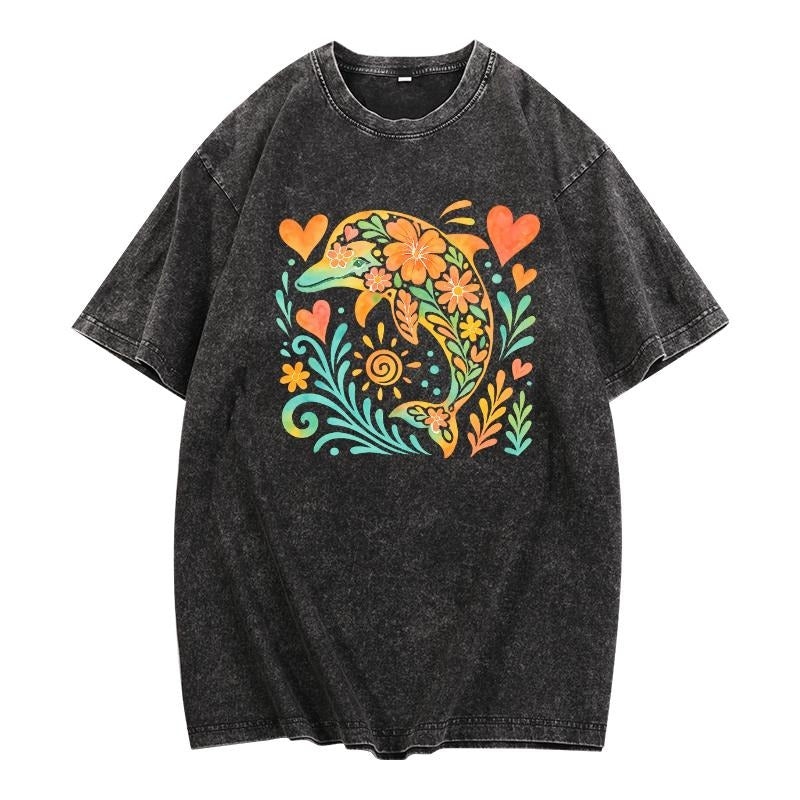 Retro - Inspired Washed T - Shirt: Flaunt a Whimsical Dolphin Floral Design Hoodie, Sweatshirt | HypeDripTees.com